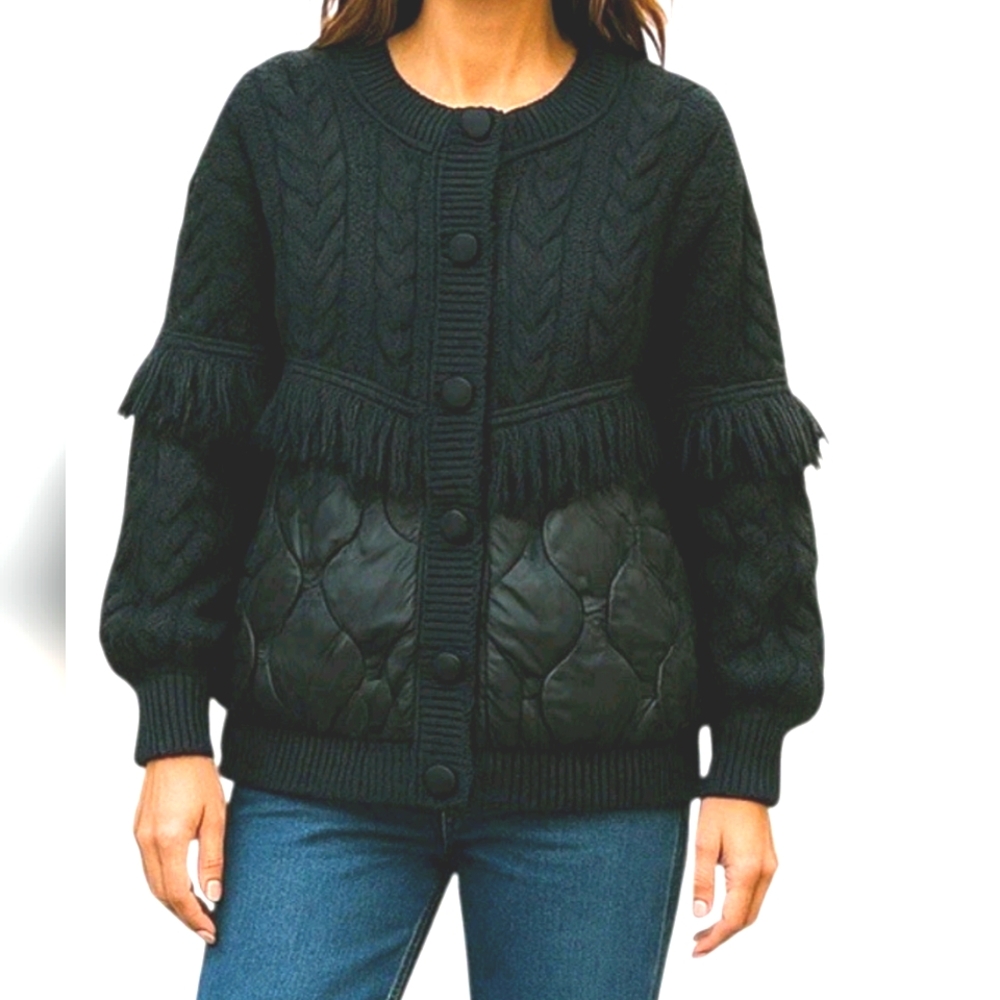 Oliver O Anthropologie Sweater Jacket Women's Large Black Fringe Quilted New